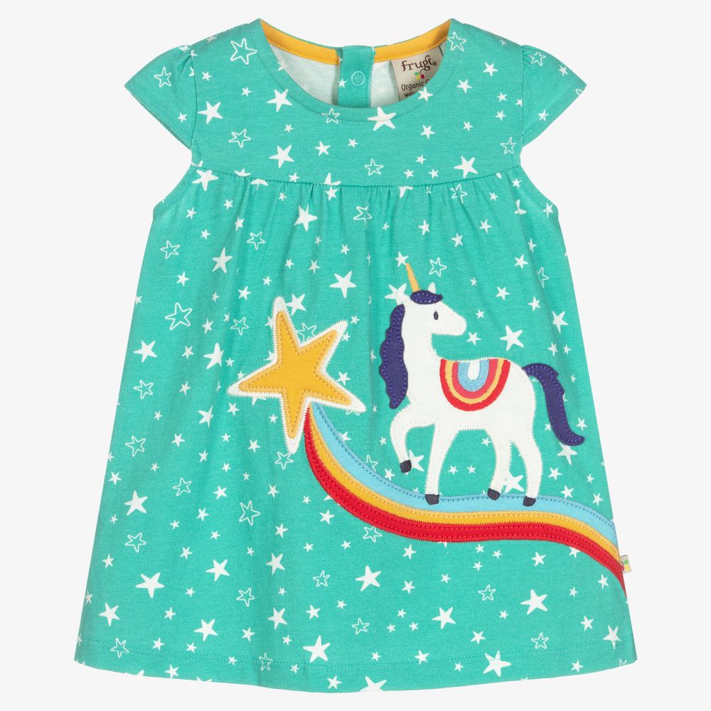 Frugi - Girls Green Unicorn Dress  | Childrensalon
