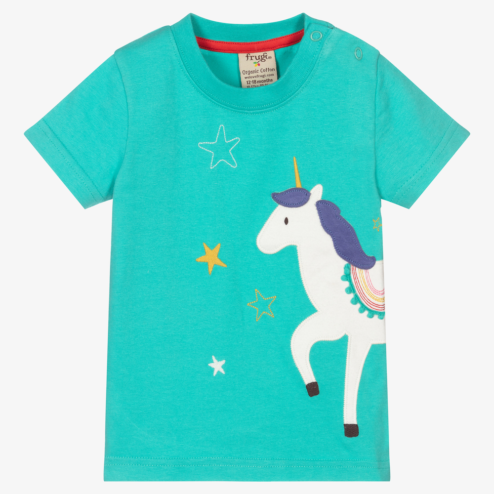 Frugi - Girls Green Unicorn T-Shirt | Childrensalon