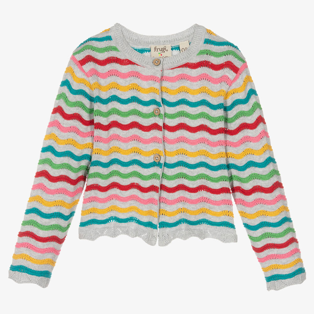 Frugi - Girls Grey Striped Cotton Knit Cardigan | Childrensalon