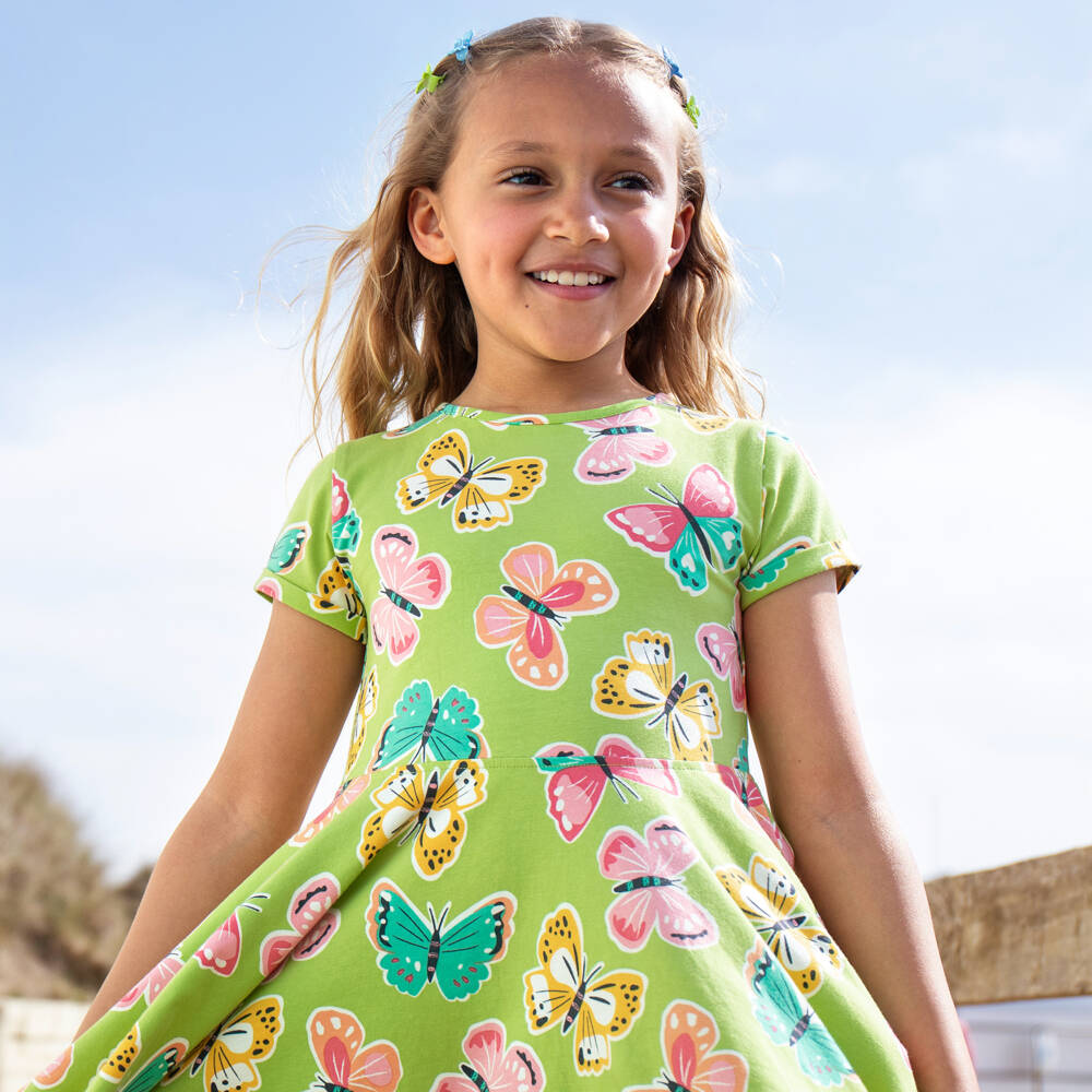 Frugi-Girls Lime Green Butterfly Print Organic Cotton Jersey Dress | Childrensalon Outlet