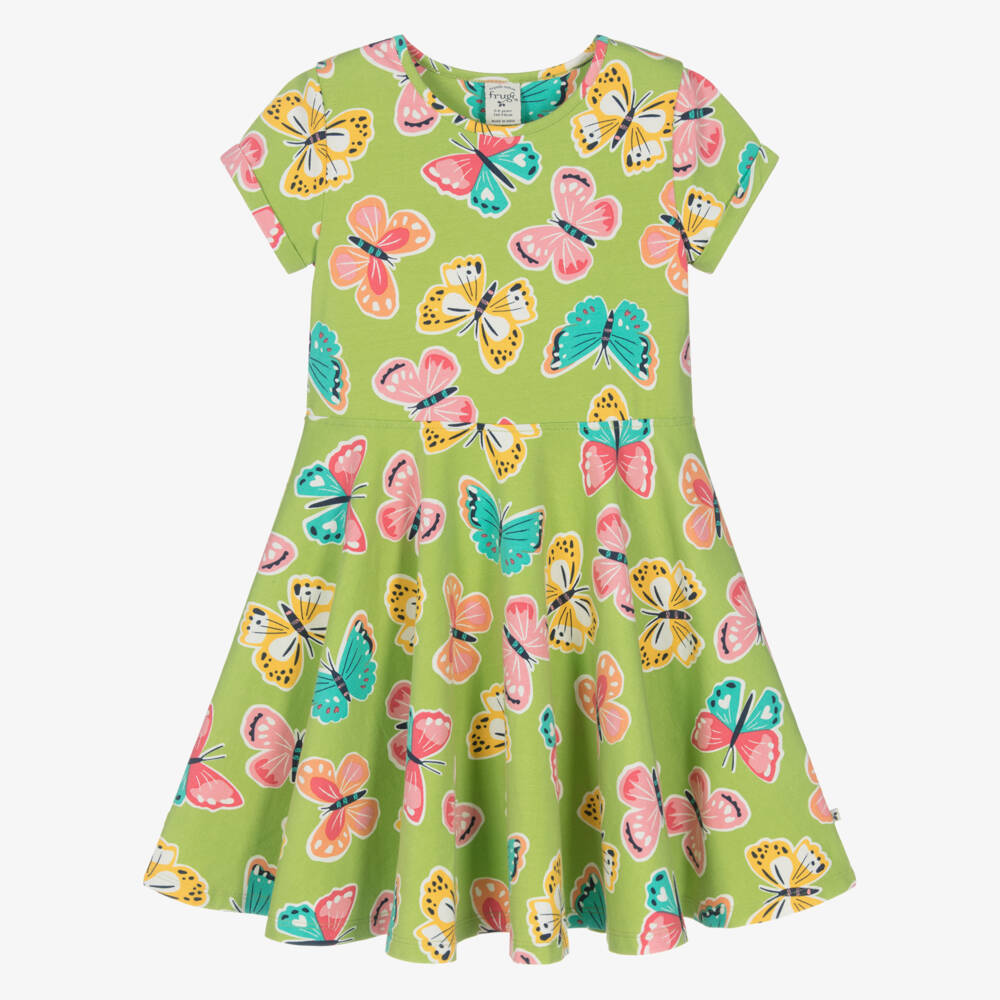 Frugi-Girls Lime Green Butterfly Print Organic Cotton Jersey Dress | Childrensalon Outlet