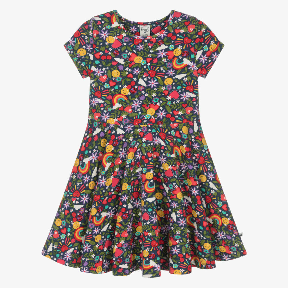 Frugi-Girls Navy Blue Floral Print Organic Cotton Dress | Childrensalon Outlet