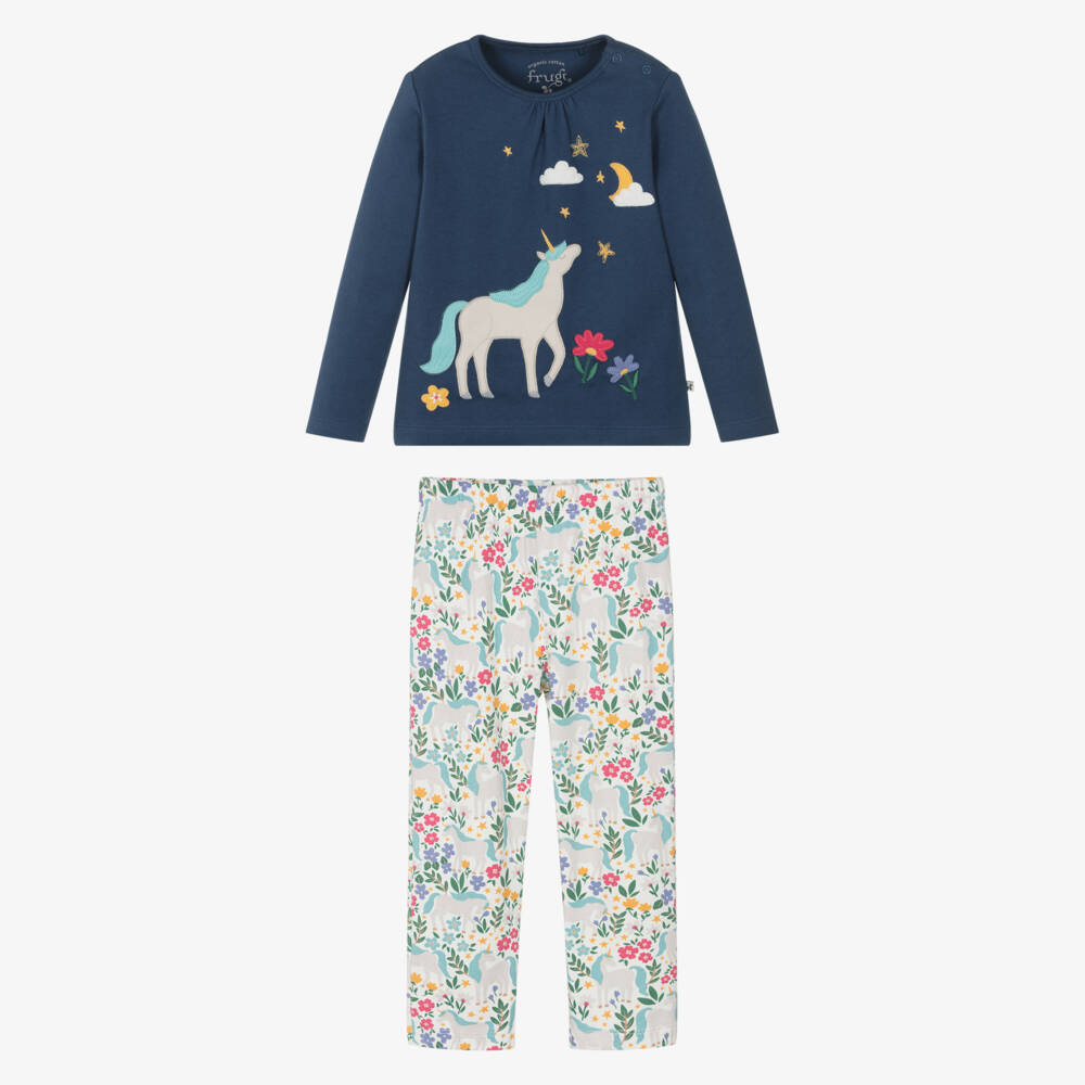 Frugi-Girls Navy Blue Organic Cotton Unicorn & Flowers Pyjamas | Childrensalon Outlet