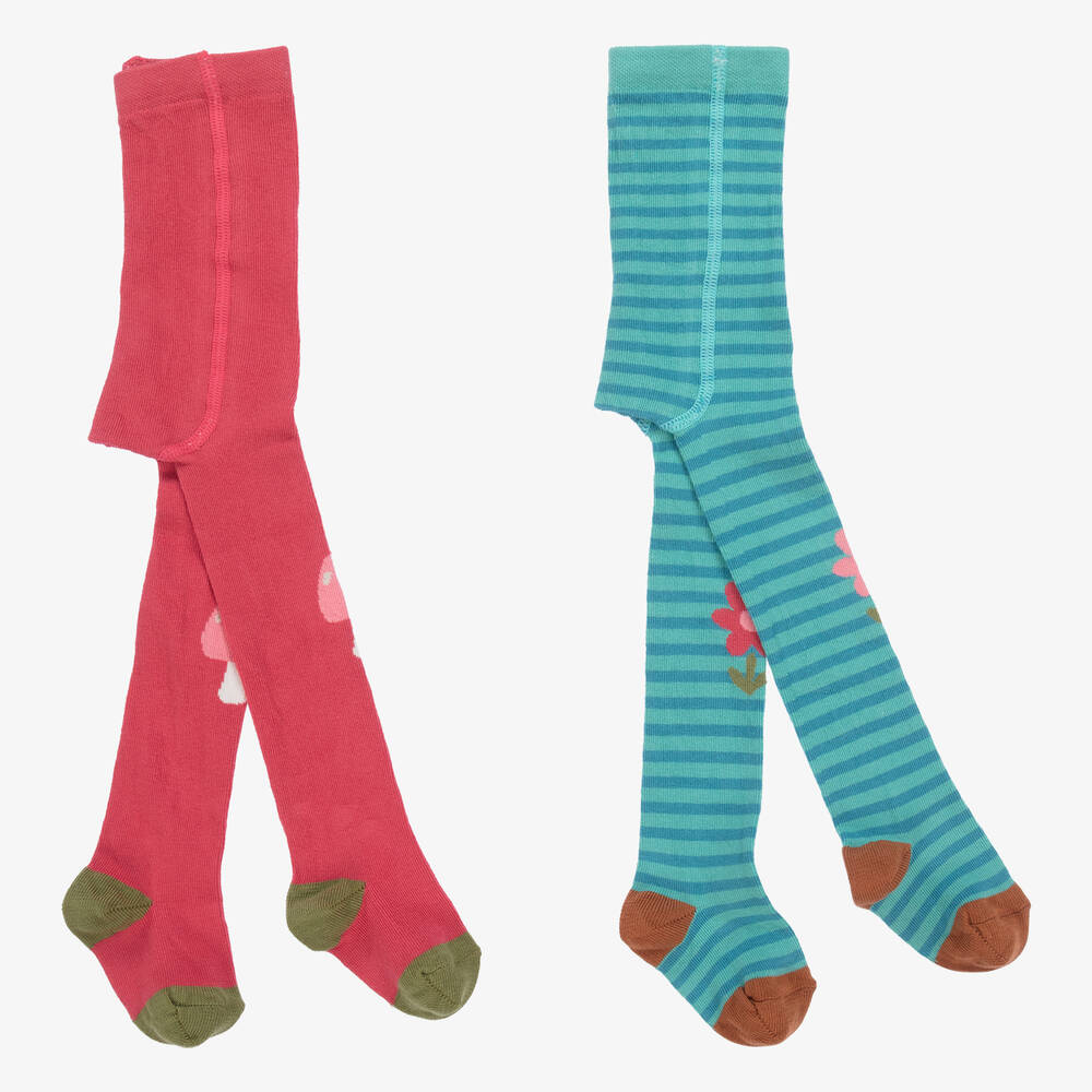 Frugi - Girls Pink & Blue Cotton Tights (2 Pack) | Childrensalon