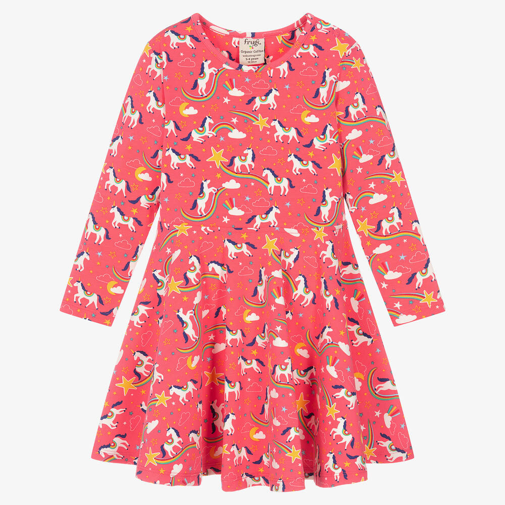 Frugi - Girls Pink Cotton Unicorn Skater Dress | Childrensalon