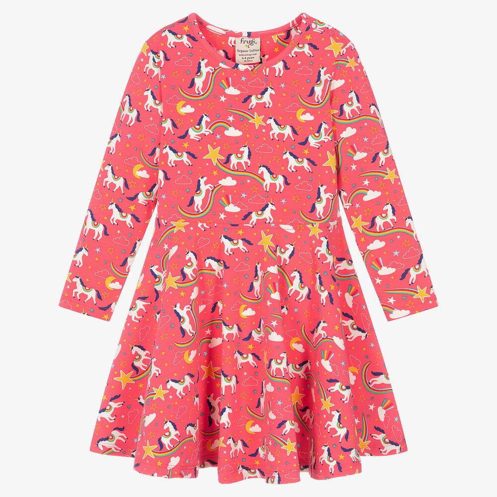Frugi-Girls Pink Cotton Unicorn Skater Dress | Childrensalon Outlet
