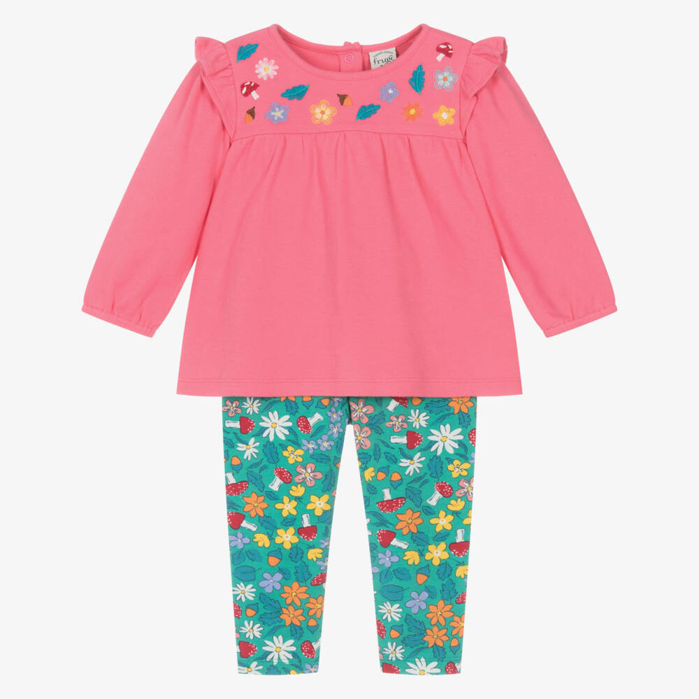 Frugi-Girls Pink & Green Cotton Floral Leggings Set | Childrensalon Outlet