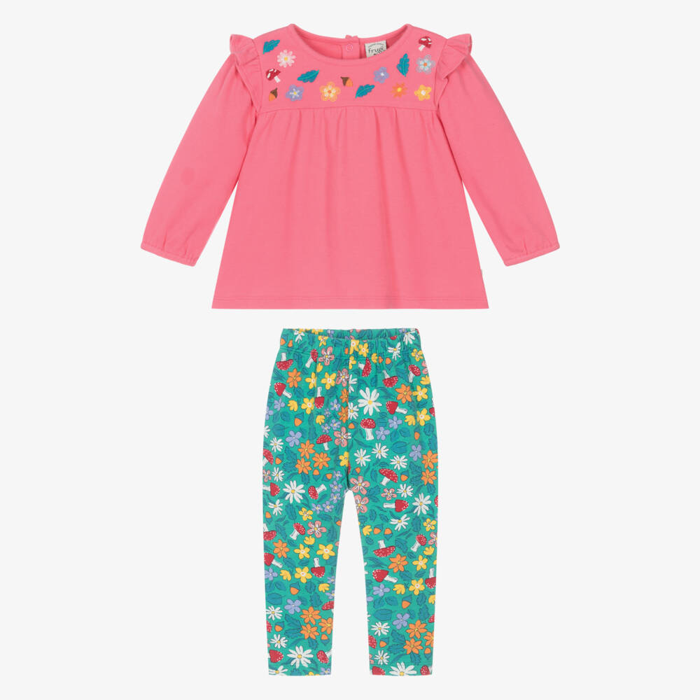 Frugi-Girls Pink & Green Cotton Floral Leggings Set | Childrensalon Outlet