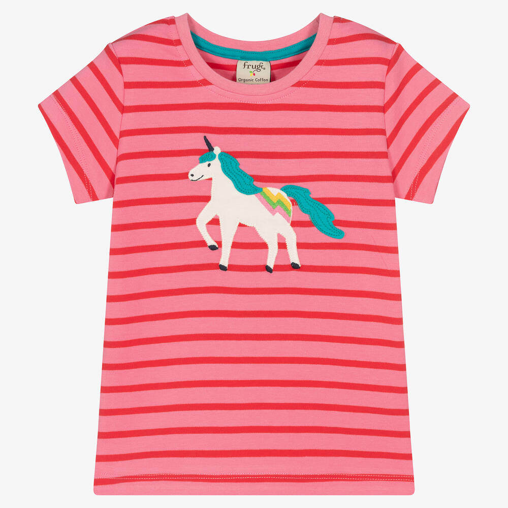Frugi - Розово-красная хлопковая футболка с единорогом | Childrensalon