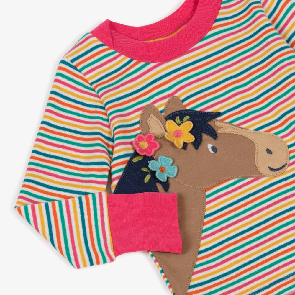 Frugi-Girls Pink Striped Organic Cotton Long Sleeve Horse Top | Childrensalon Outlet