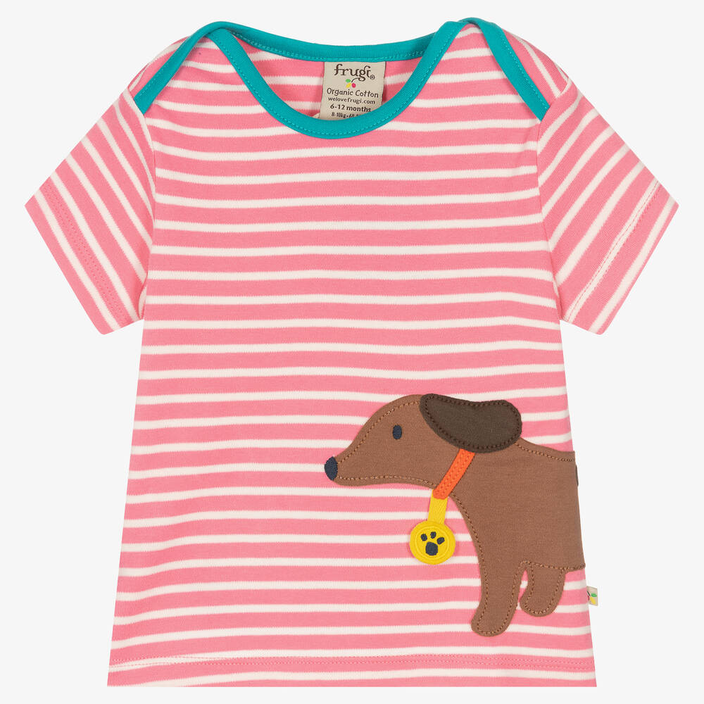 Frugi-تيشيرت قطن عضوي مقلم لون أبيض وزهري | Childrensalon Outlet