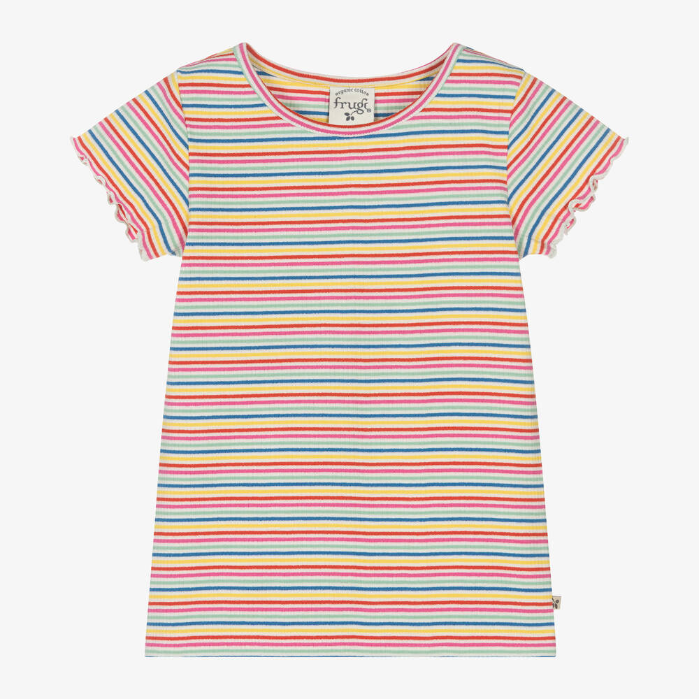 Frugi-Girls Rainbow Stripe Cotton T-Shirt | Childrensalon Outlet