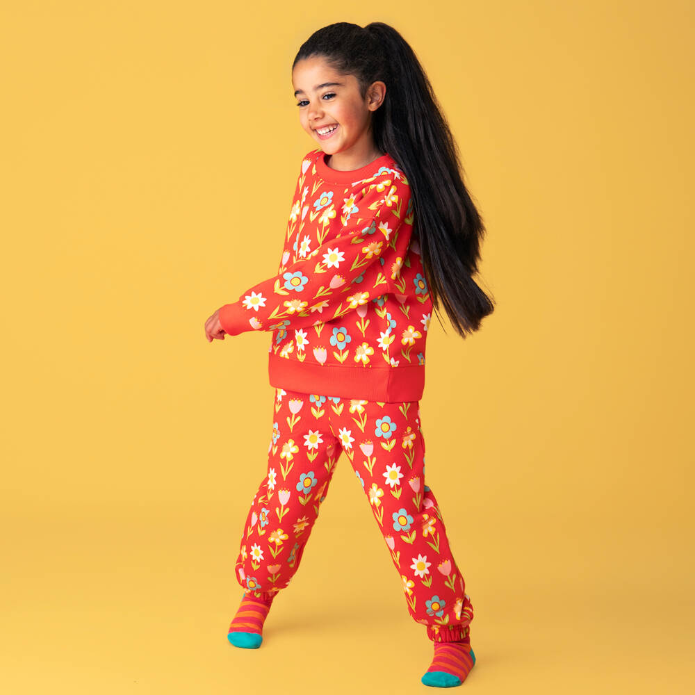 Frugi-Girls Red Cotton Sweatshirt with Colourful Floral Print | Childrensalon Outlet