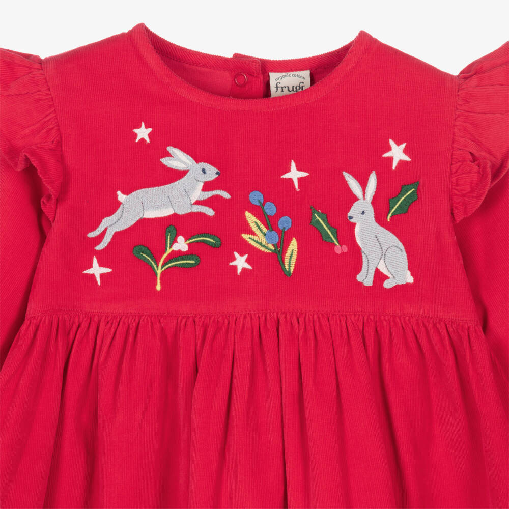 Frugi-Girls Red Needlecord Dress with Embroidered Rabbits | Childrensalon Outlet