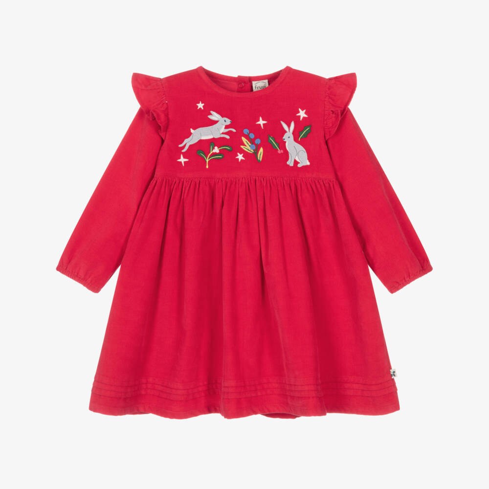 Frugi-Girls Red Needlecord Dress with Embroidered Rabbits | Childrensalon Outlet
