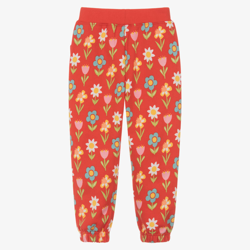 Frugi-Girls Red Organic Cotton Joggers with Colourful Floral Print | Childrensalon Outlet