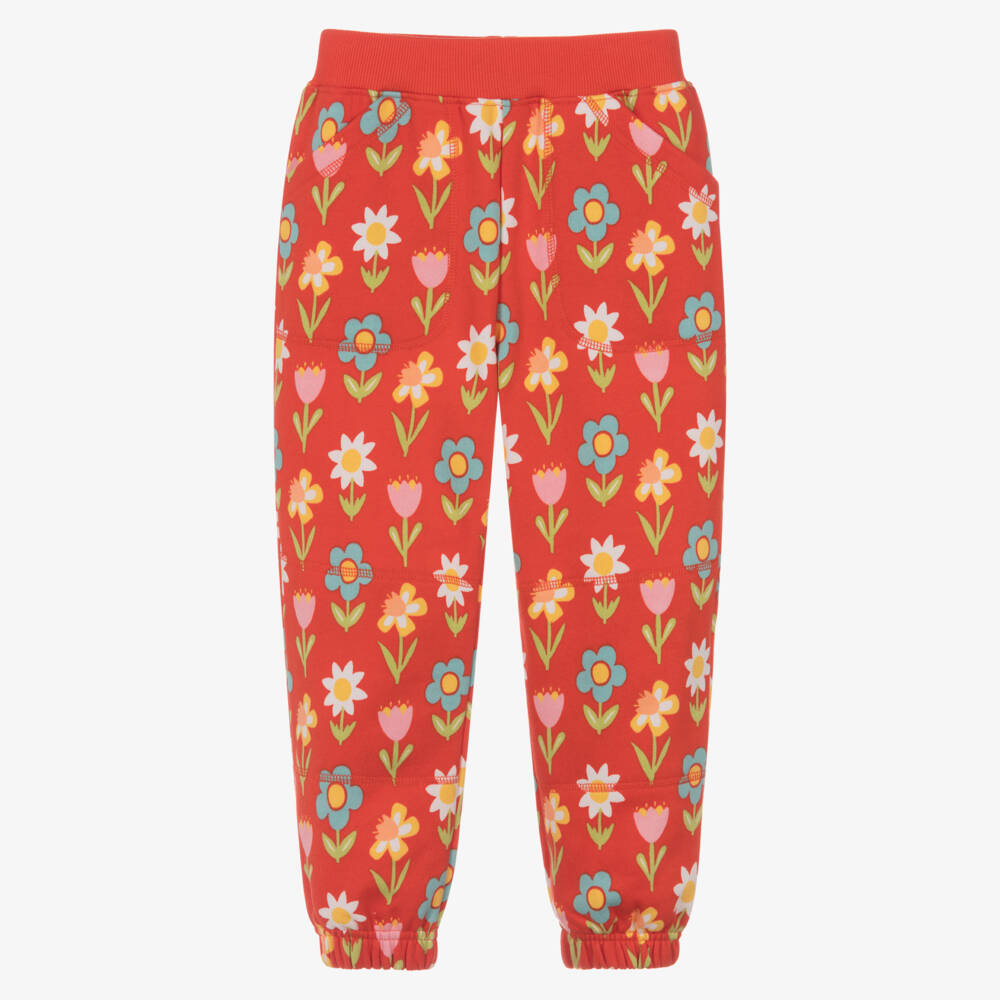 Frugi-Girls Red Organic Cotton Joggers with Colourful Floral Print | Childrensalon Outlet