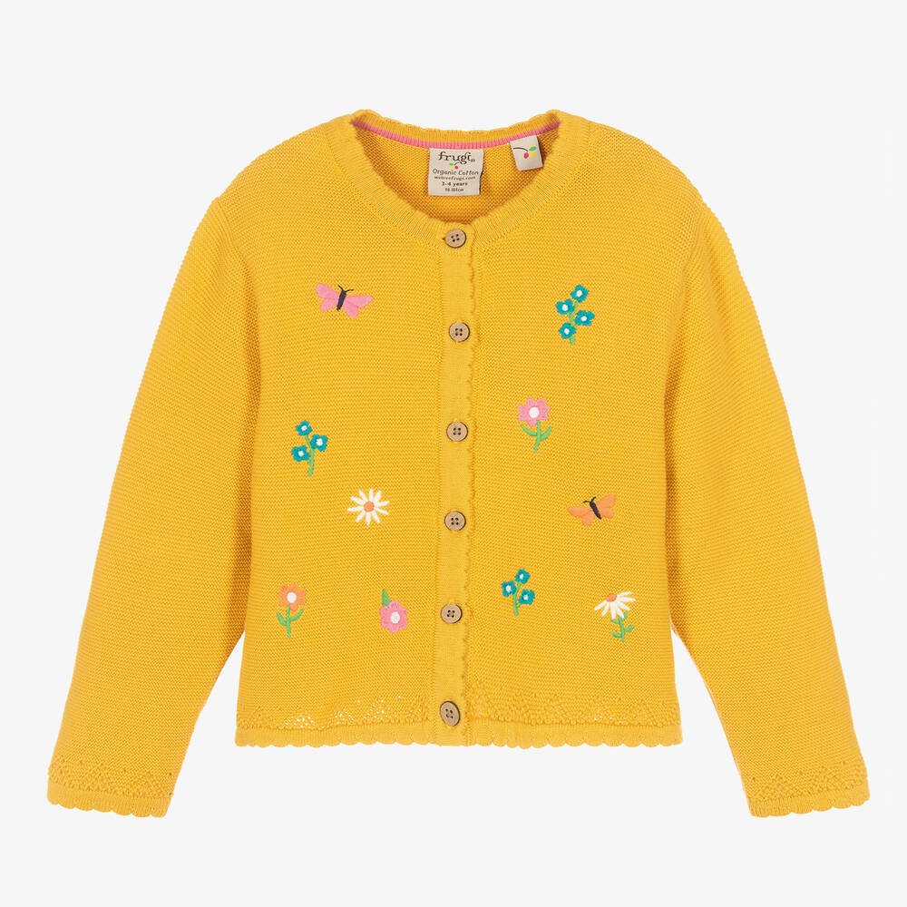 Frugi - Girls Yellow Cotton Embroidered Cardigan | Childrensalon