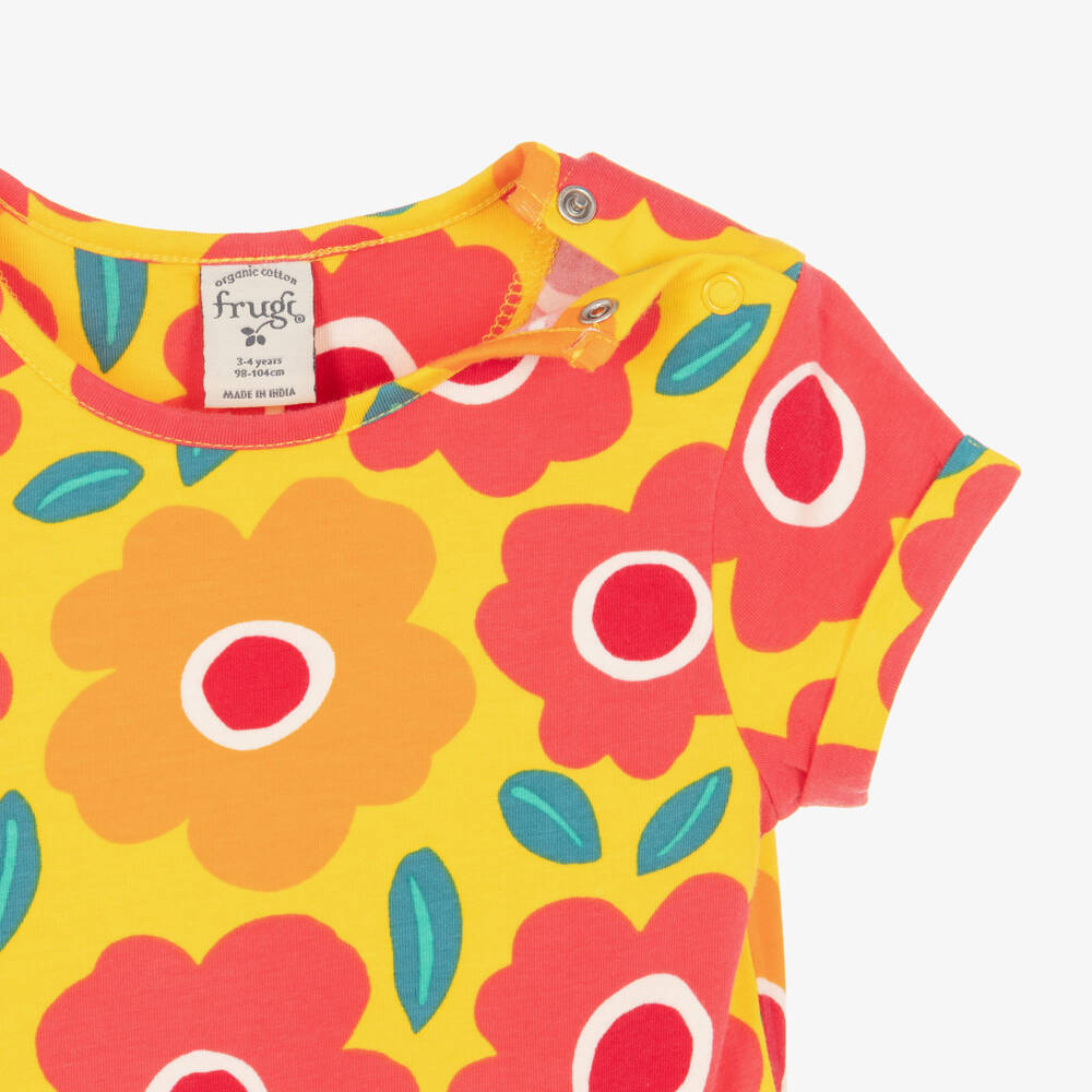 Frugi-Girls Yellow Floral Print Organic Cotton Jersey Dress | Childrensalon Outlet
