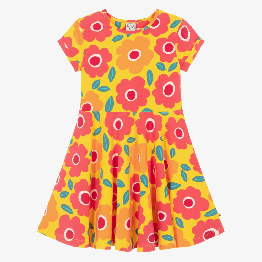 Frugi-Girls Yellow Floral Print Organic Cotton Jersey Dress | Childrensalon Outlet