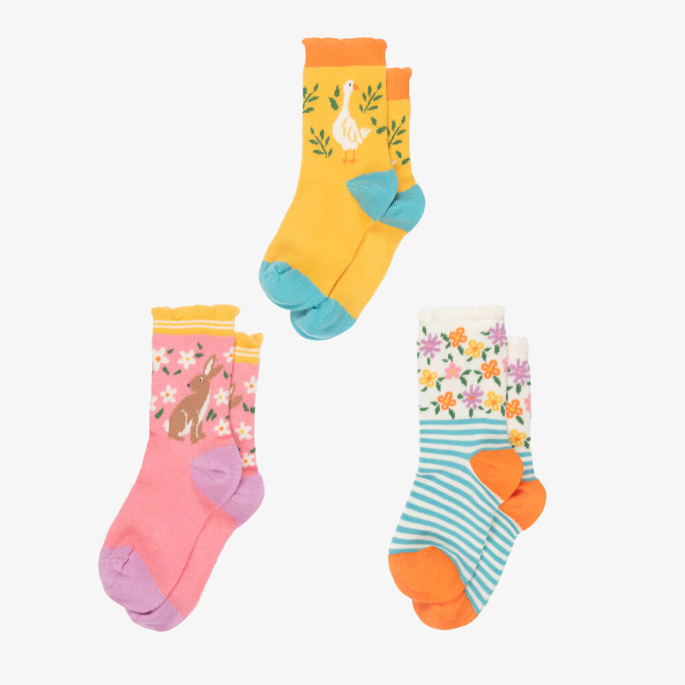 Frugi-Girls Yellow & Pink Cotton Ankle Socks (3 Pack) | Childrensalon Outlet