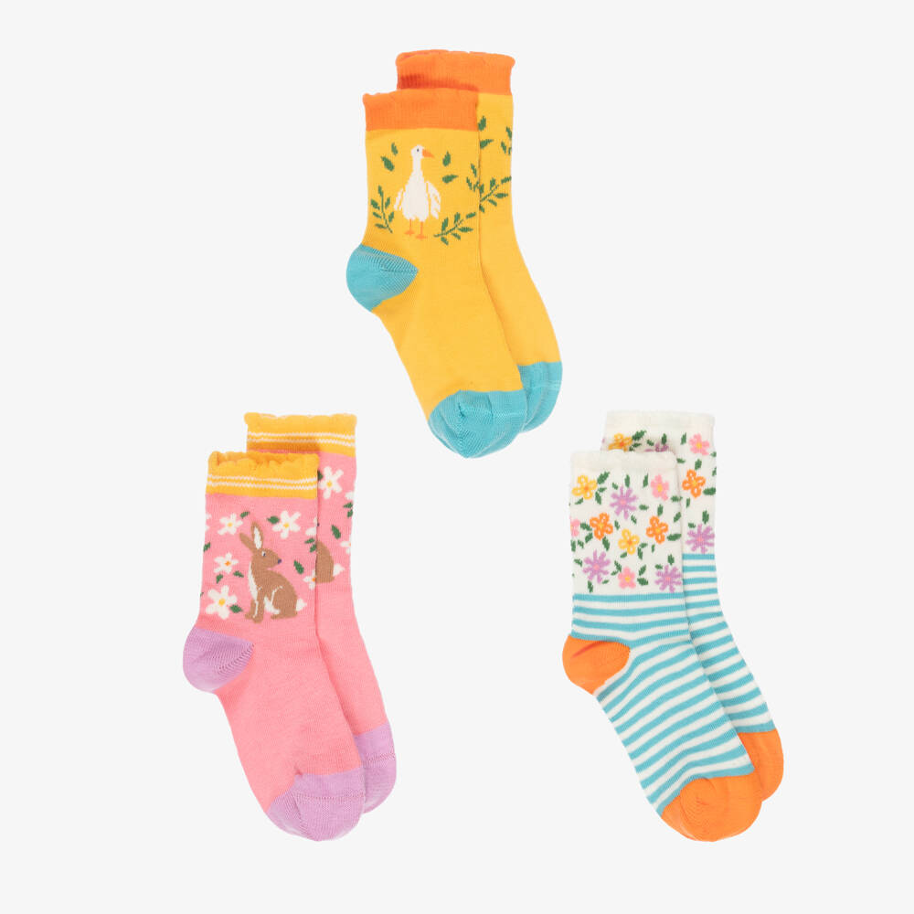 Frugi-Girls Yellow & Pink Cotton Ankle Socks (3 Pack) | Childrensalon Outlet