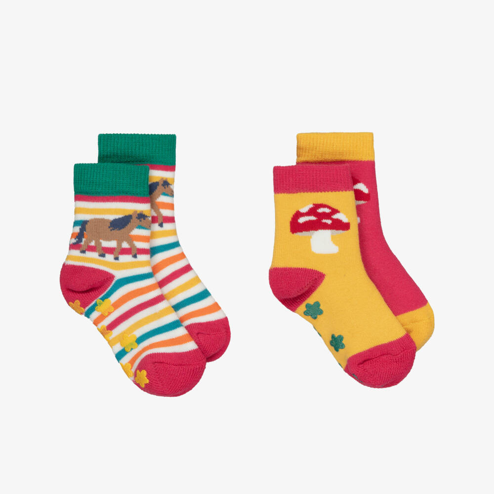 Frugi-Girls Yellow & Pink Cotton Grippy Socks (2 Pack) | Childrensalon Outlet
