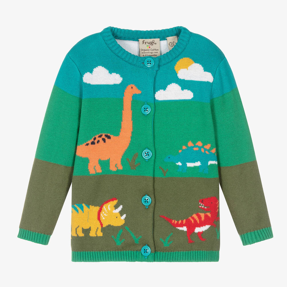 Frugi - Green Organic Cotton Knit Dinosaur Cardigan | Childrensalon