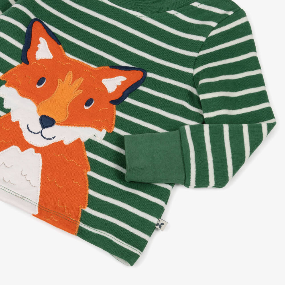 Frugi-Green Striped Organic Cotton Long Sleeve Fox Top | Childrensalon Outlet
