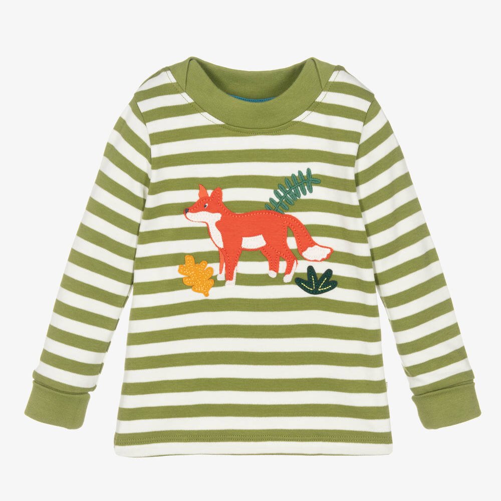 Frugi - Green & White Stripe Cotton Fox Top | Childrensalon