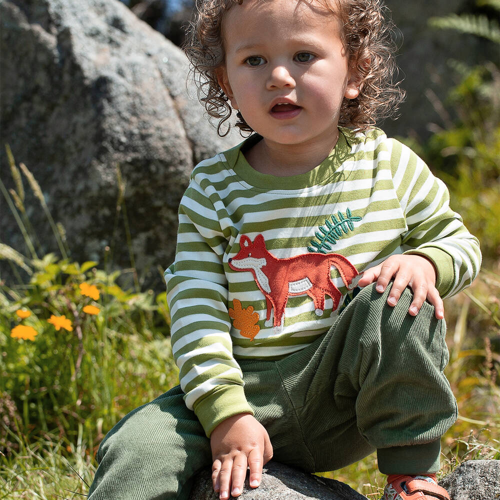 Frugi-Green & White Stripe Cotton Fox Top | Childrensalon Outlet