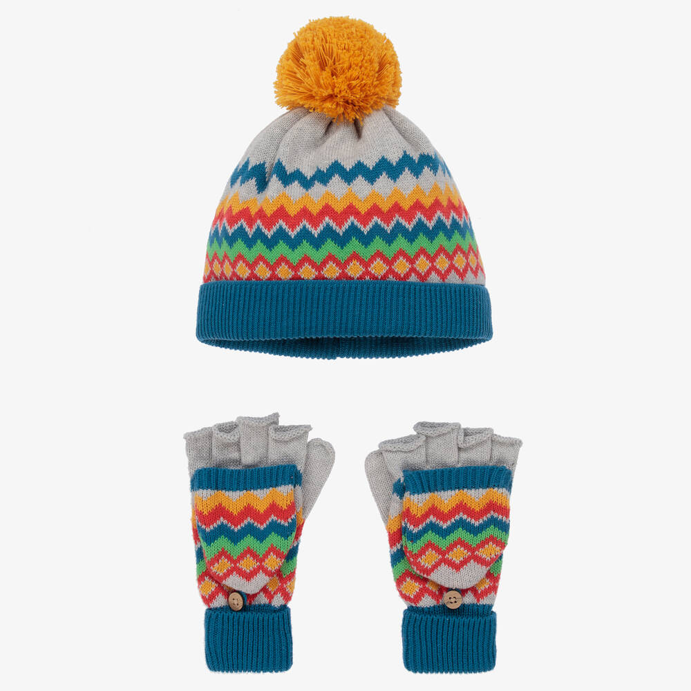 Frugi - Grey Knitted Fair Isle Hat Set | Childrensalon
