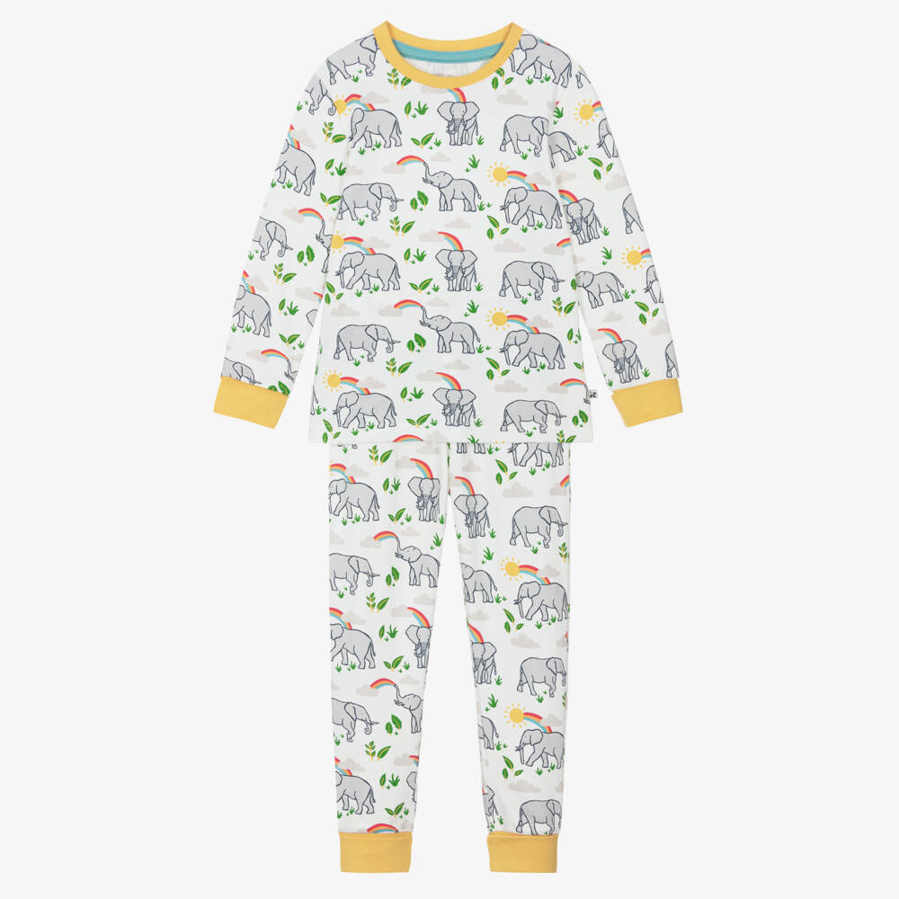 Frugi-Ivory Organic Cotton Pyjamas with Grey Elephant Print | Childrensalon Outlet