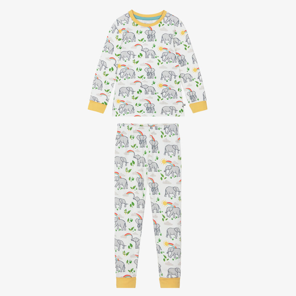 Frugi-Ivory Organic Cotton Pyjamas with Grey Elephant Print | Childrensalon Outlet