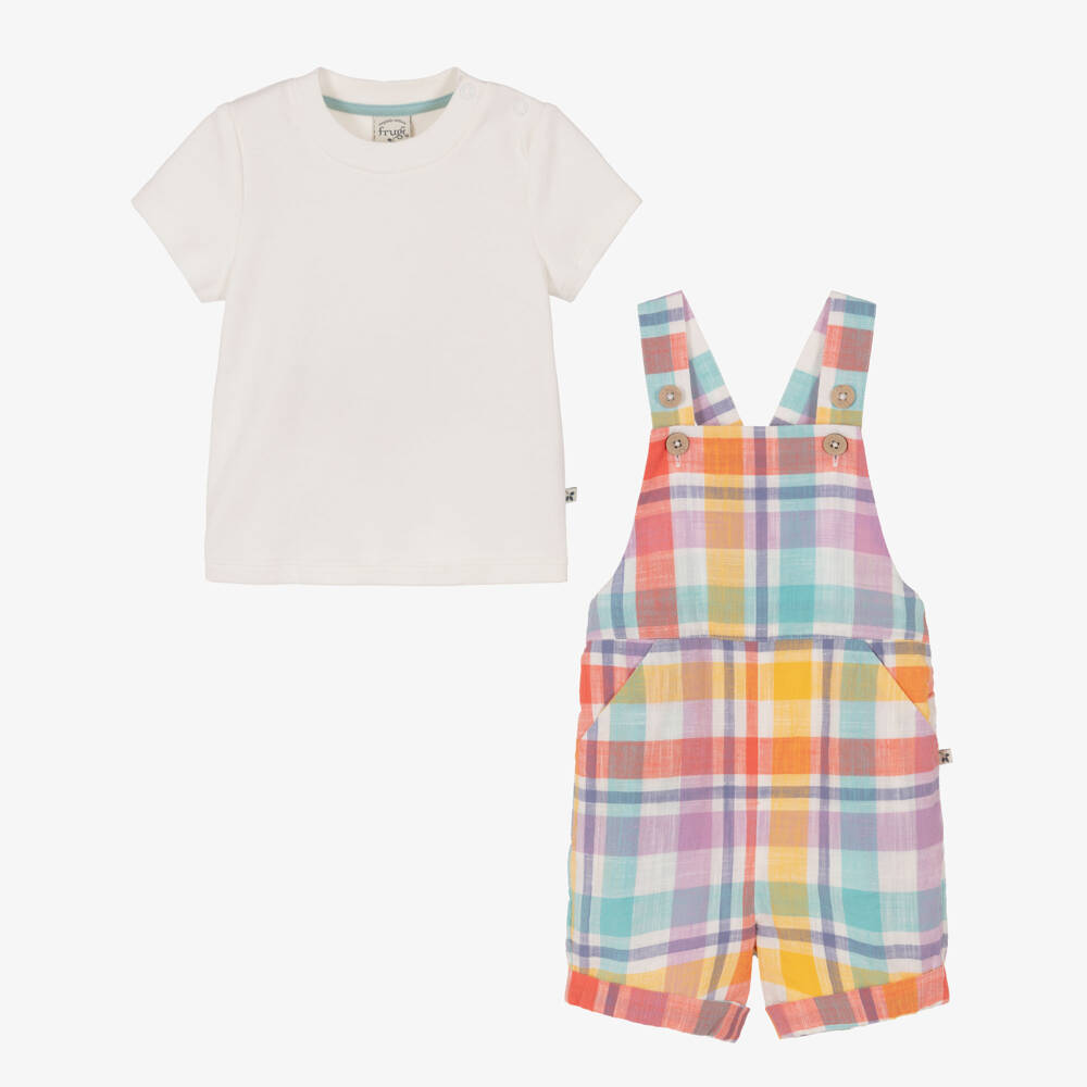 Frugi-Multicoloured Cotton Baby Dungaree Shorts Set | Childrensalon Outlet