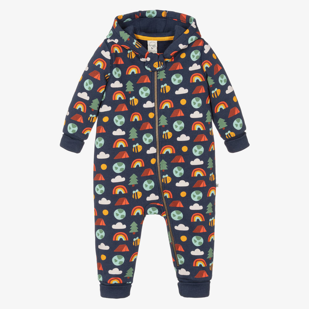 Frugi-Navy Blue Organic Cotton Rainbow Pramsuit | Childrensalon Outlet