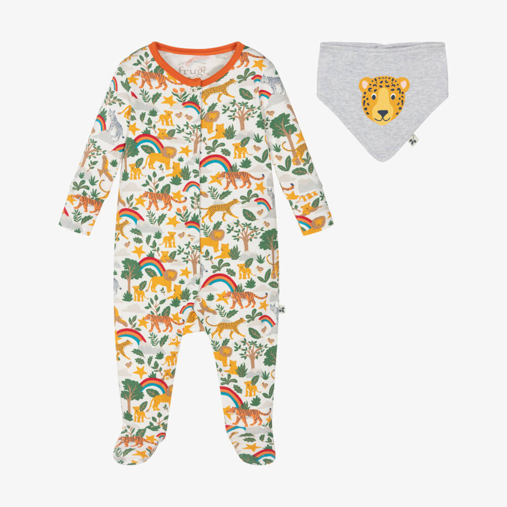 Frugi-Orange & Green Organic Cotton Babygrow Set with Jungle Print | Childrensalon Outlet