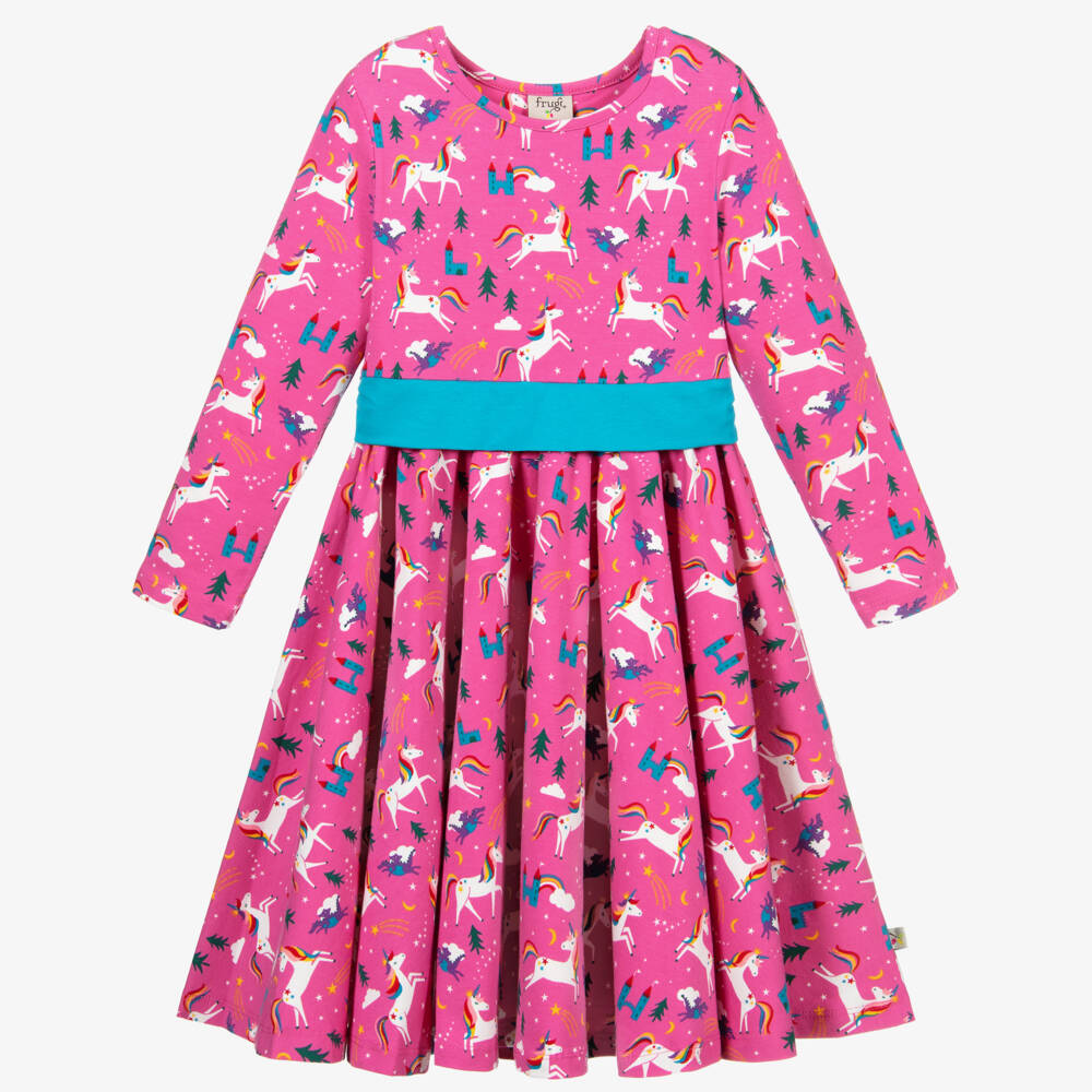 Frugi-فستان قطن عضوي جيرسي لون زهري بطبعة ملونة | Childrensalon Outlet