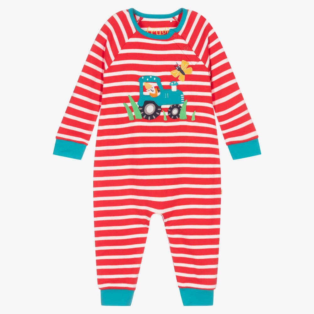 Frugi - أوفرول رومبر قطن عضوي مقلم لون أحمر وأبيض | Childrensalon