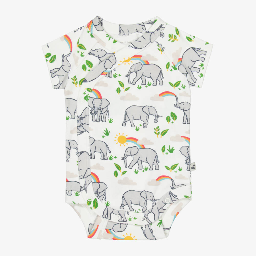Frugi-White Cotton Elephant Print Bodyvests (2 Pack) | Childrensalon Outlet