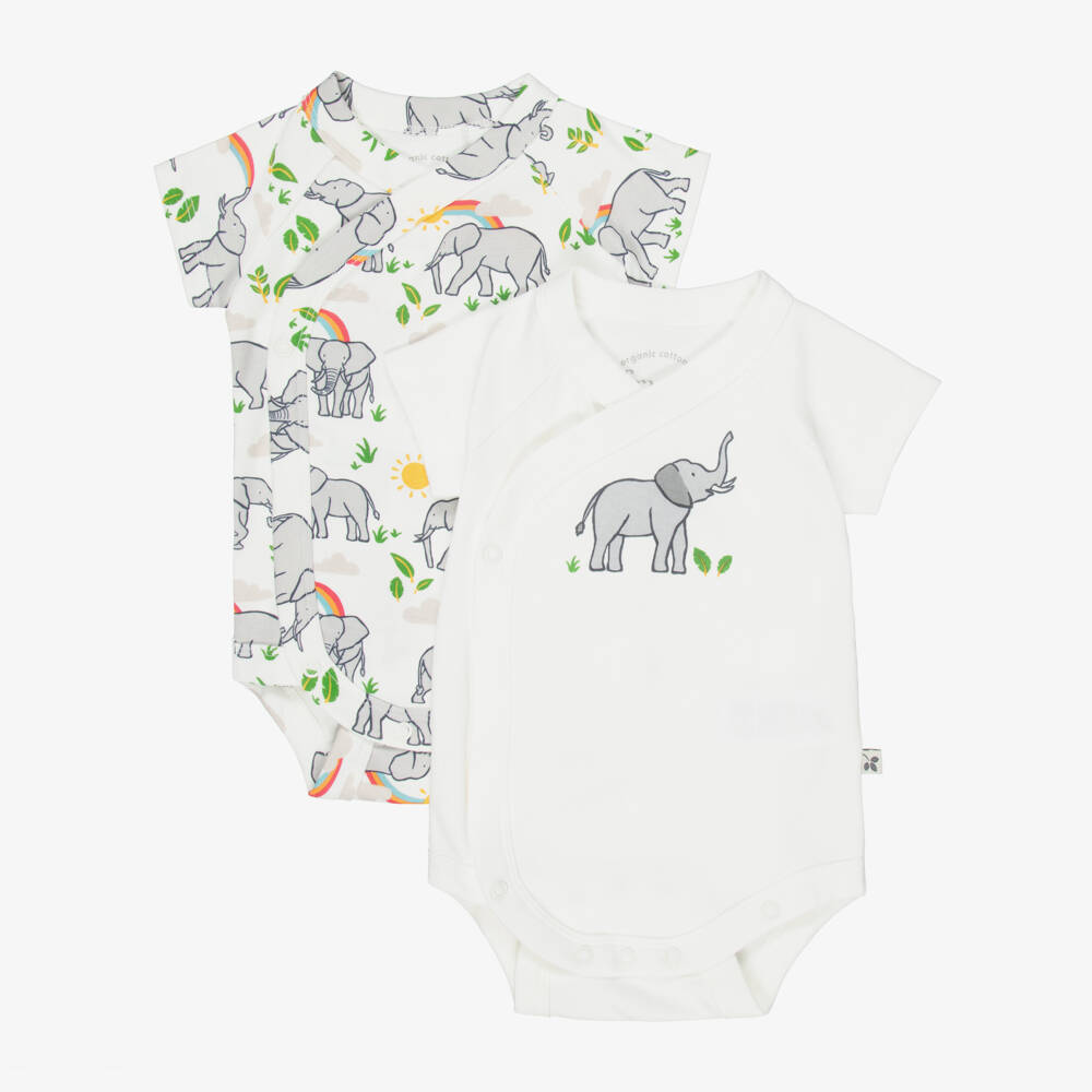 Frugi-White Cotton Elephant Print Bodyvests (2 Pack) | Childrensalon Outlet