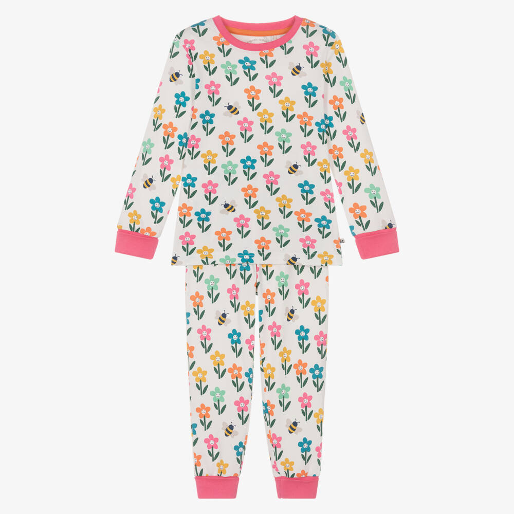 Frugi-White & Pink Organic Cotton Happy Flowers Pyjamas | Childrensalon Outlet