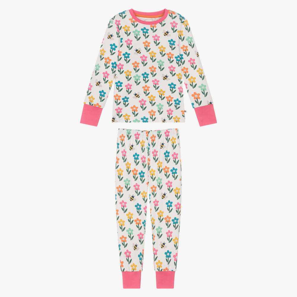 Frugi-White & Pink Organic Cotton Happy Flowers Pyjamas | Childrensalon Outlet