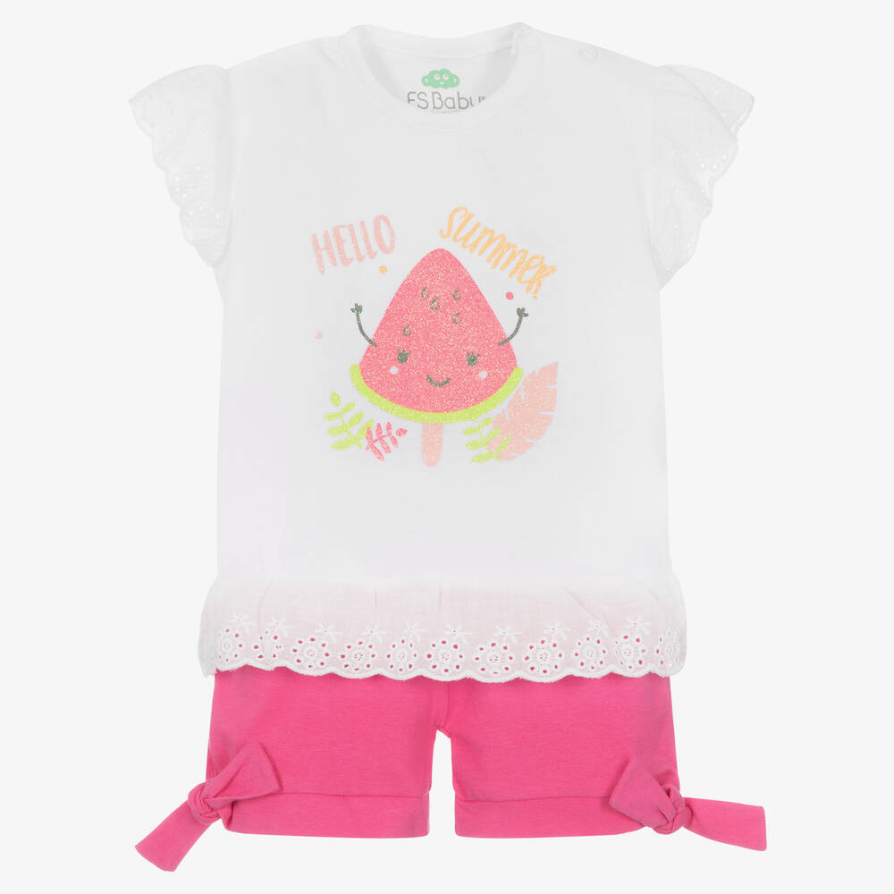 FS Baby - Baby Girls Pink & White Cotton Shorts Set | Childrensalon