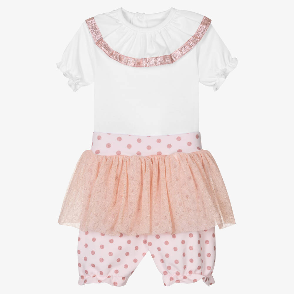 FS Baby - Baby Girls White & Pink Cotton Shorts Set | Childrensalon