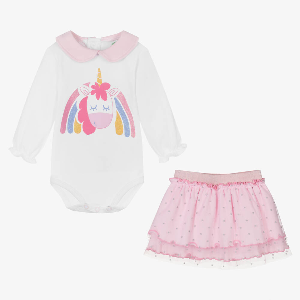 إف إس بيبي-Baby Girls White & Pink Cotton Skirt Set | Childrensalon Outlet