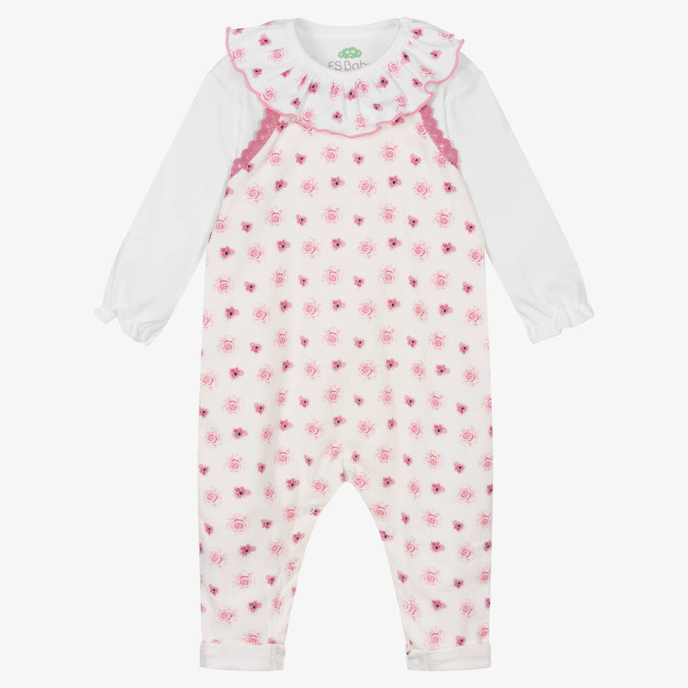 FS Baby - Baby Girls White & Pink Floral Dungaree Set | Childrensalon