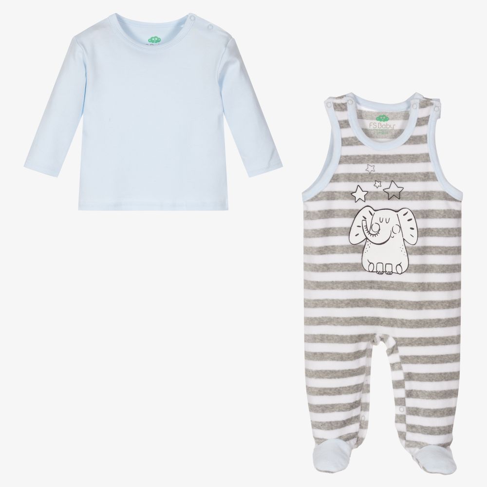 FS Baby Blue & Grey Velour Dungaree Set Childrensalon Outlet