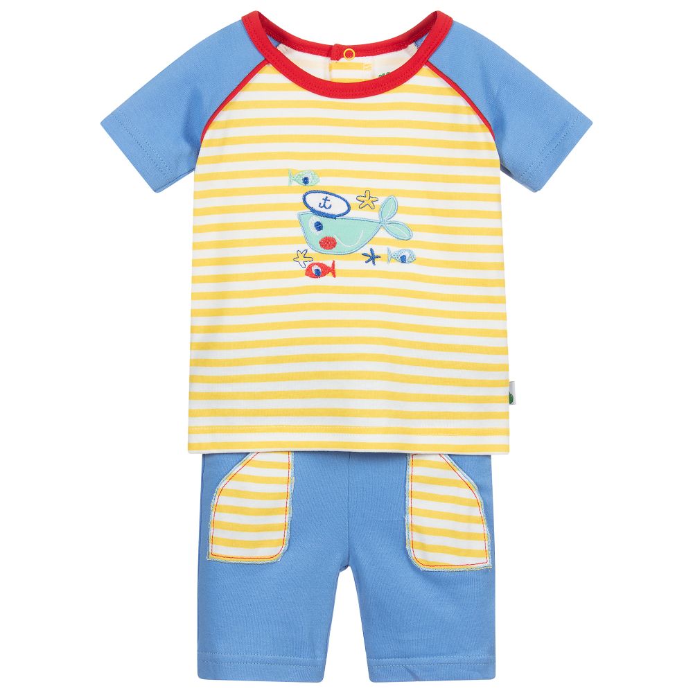 FS Baby - شورت وتوب قطن لون أزرق، أصفر وأبيض للمواليد | Childrensalon