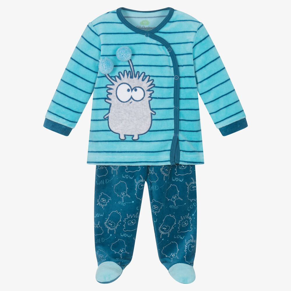 FS Baby - Boys Blue Cotton Monster 2 Piece Babygrow | Childrensalon